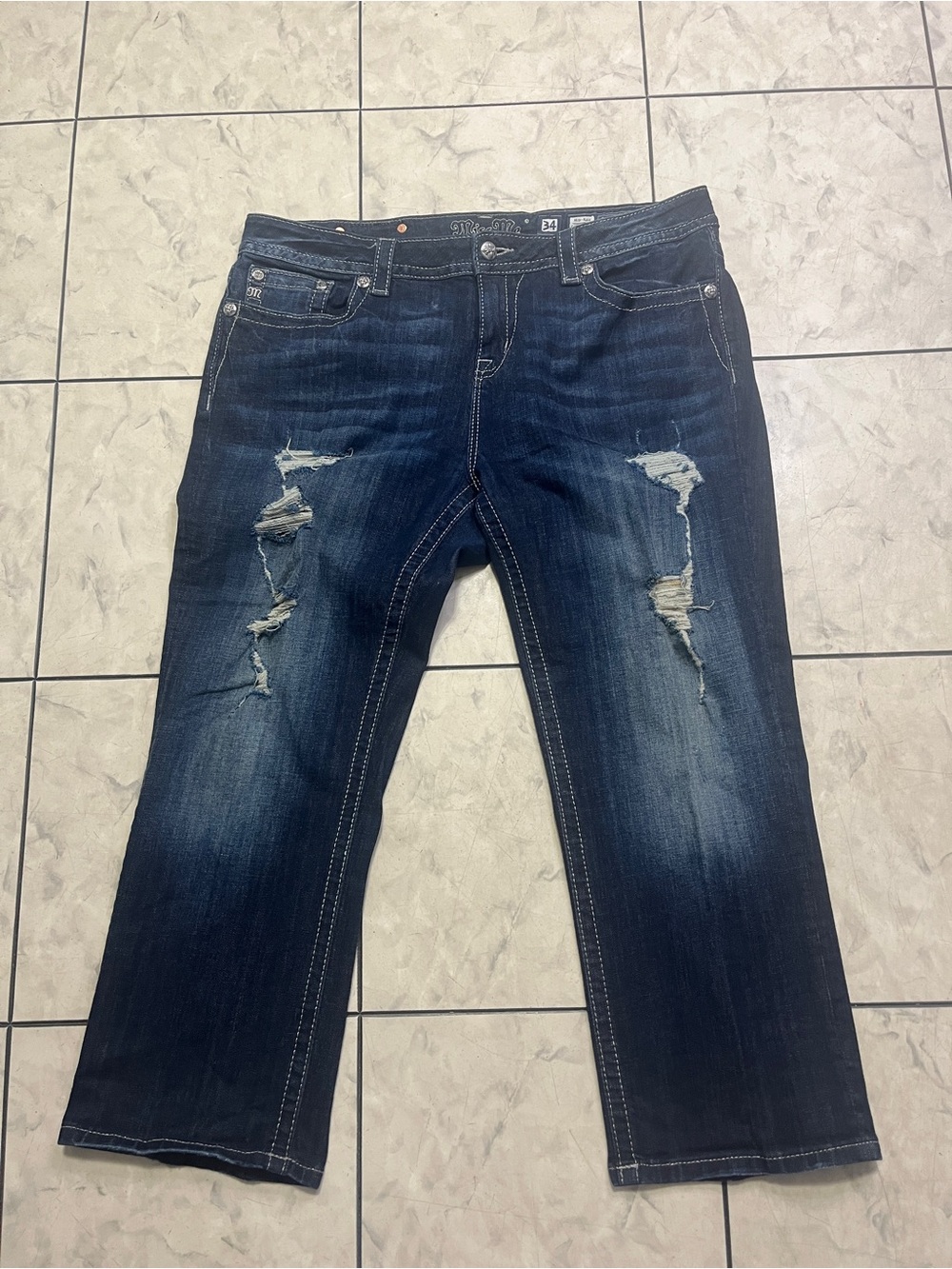 Miss Me Curvy Crop Jeans 34 Dark Blue Denim Distressed.